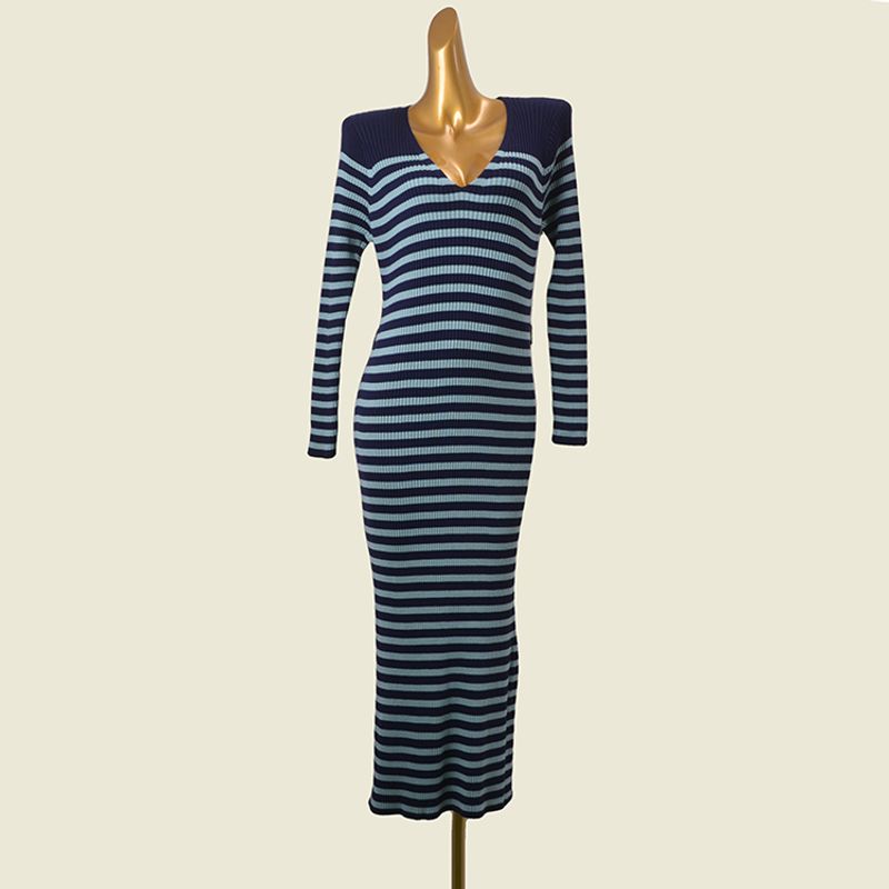 American Brand Fat Girl Stripe High Elastic Slim Fit Long Dress Foreign Trade Western Style V-neck Knitted Dress