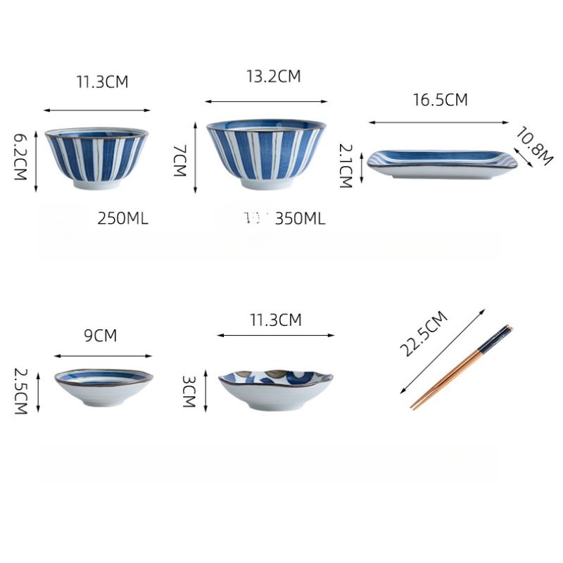 Наборы столовой посуды из сине-белого фарфора в японском стиле на одну персону для ужина включают миски, тарелку, палочки для еды, набор блюд, керамический подарочный набор из 6 предметов