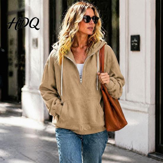 Свободная женская толстовка с капюшоном на молнии quarter zip из флиса, оверсайз, с длинным рукавом, универсальный верх для многослойности, капюшон на шнурке, карман-кенгуру,