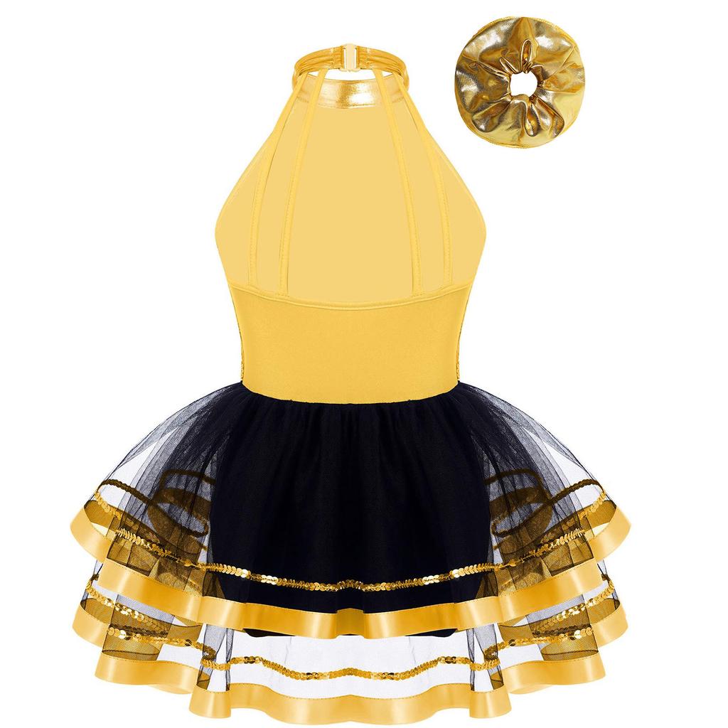 Girls Dance Performance Dress Halter Sleeveless Backless Design Sparkling Sequins Decorated Tutu Costume