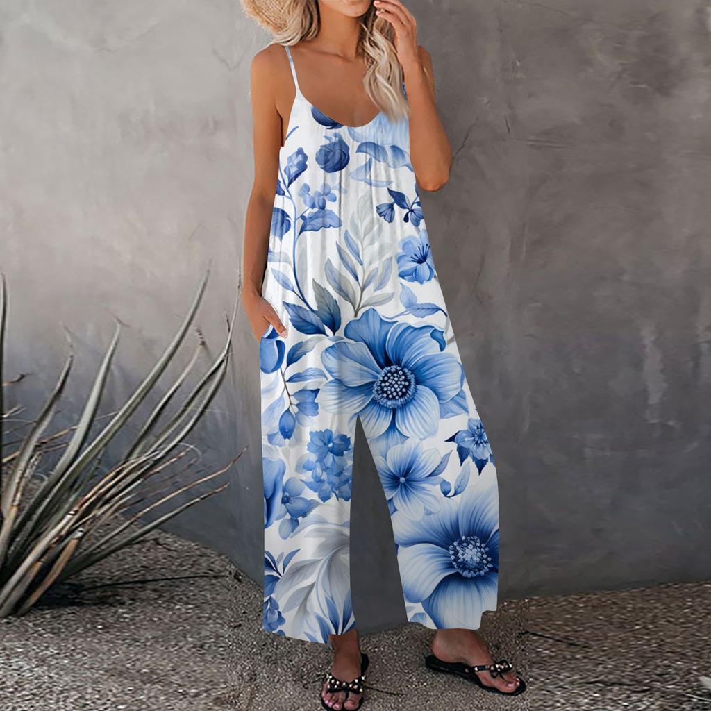 Женский комбинезон с цветочным принтом, повседневный свободный комбинезон с регулируемыми подтяжками