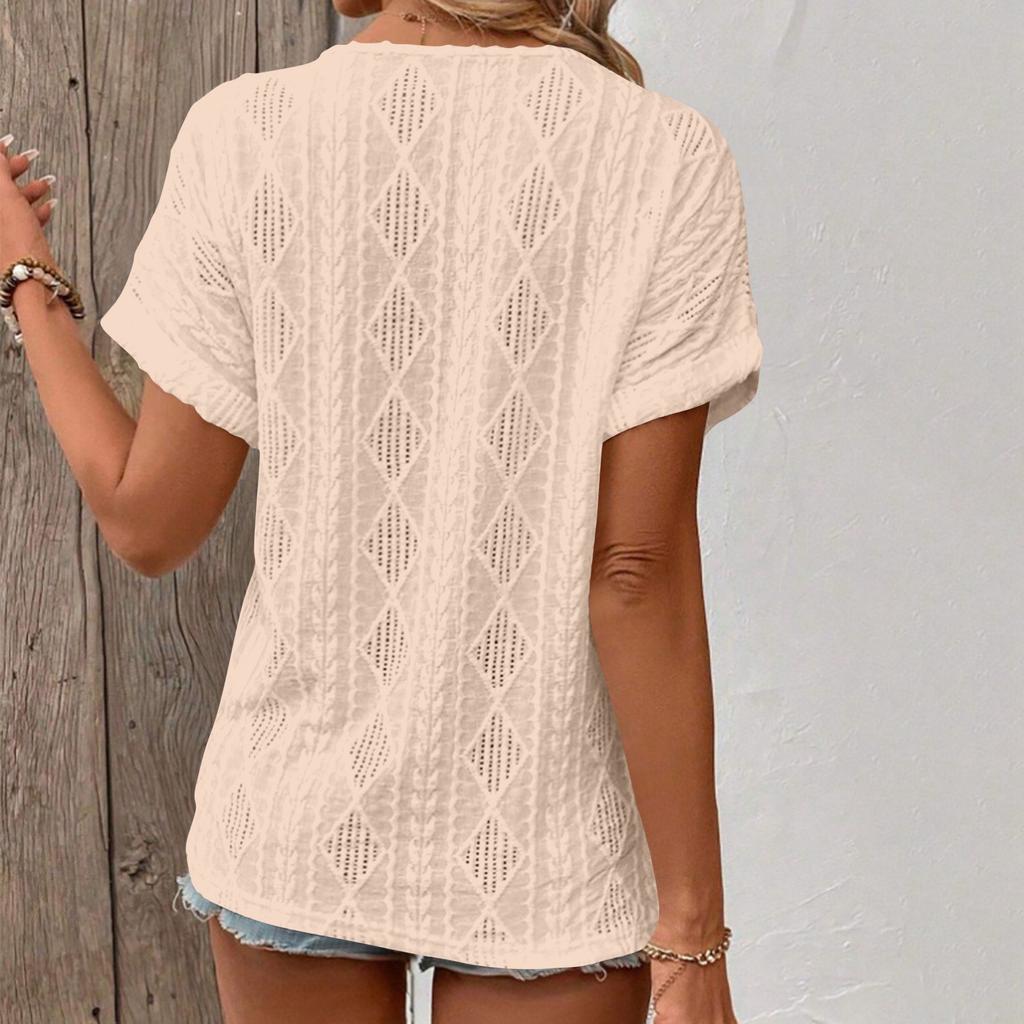 Женская мода однотонный короткий рукав V-образный вырез повседневный пуловер футболка топ