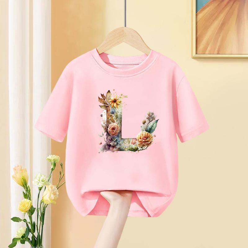 Девочки Футболка С Пользовательским Именем Комбинация Букв Принт Футболка Цветочный Буквенный Шрифт A B C D E F G Короткий Рукав Детские Розовые Топы