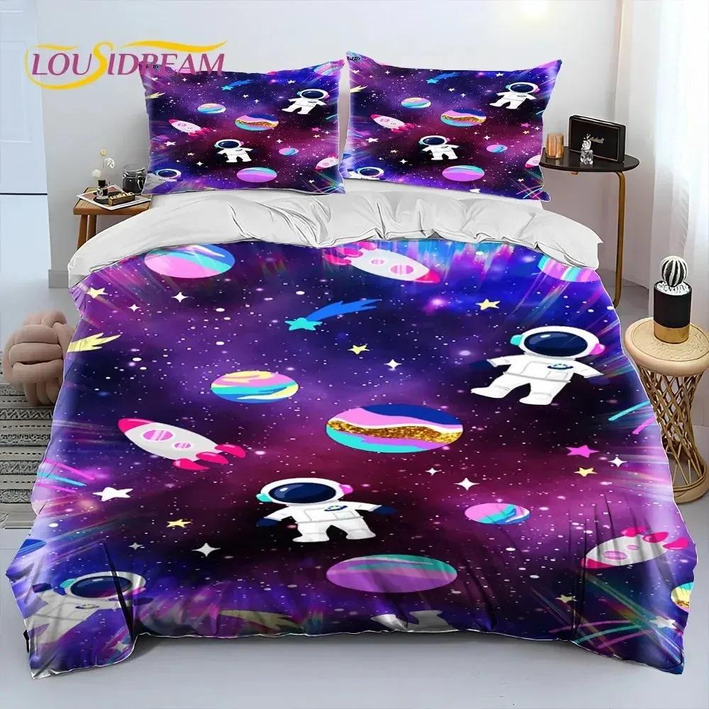 Astronaut Space Cartoon Comforter Bedding Set,Duvet Cover Bed Set Quilt Cover Pillowcase,King Queen Size Bedding Set for Child