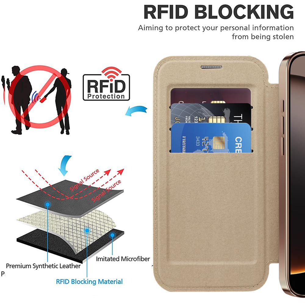 Для iPhone 11 12 13 14 15 16 серии. Чехол-книжка Gold Shield Magnetic Business Leather Case, совместимый с MagSafe, со слотами для карт с блокировкой RFID и защитой линз