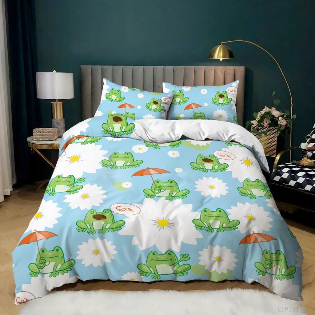 Animal Frogs Duvet Cover Set King Queen Size Green Lovely Cartoon Frog Bedding Set Kids Toad 2/3pcs Polyester Comforter Cover