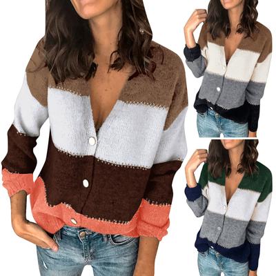 Женский свитер с V-образным вырезом, джемпер с цветными блоками, пуловер с длинными рукавами, кардиган