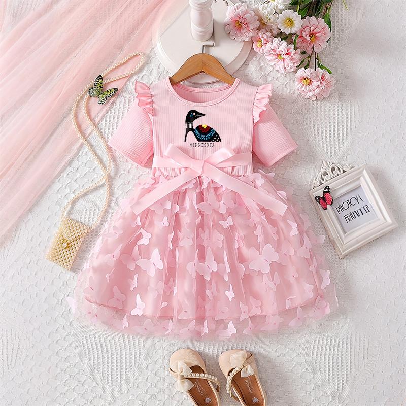 Girls Butterfly Tulle Dress, Dazhou Printing,Cute Princess Party Dress with Bow, Short Sleeve Summer Dress for Little Girls