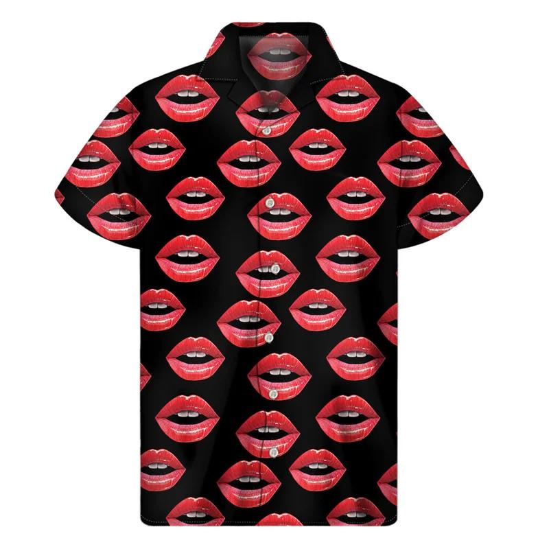 Fashion Red Lips 3D Printed Shirt Men Women Summer Vacation Loose Short Sleeves Hawaiian Tee Shirts Button Lapel Aloha Blouse