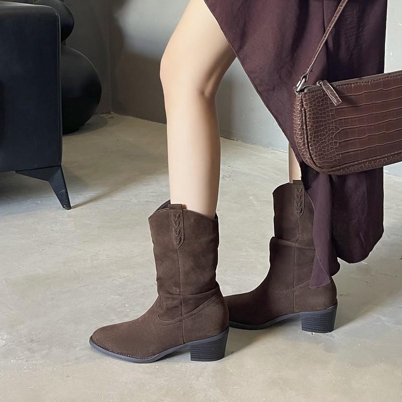 Binli Women's Autumn Brown Western Ankle Boots - Faux Leather Cowboy Style with Stacked Heel, European and American Fashion.