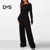 2 Pcs/Set Women Top Pants Suit Round Neck Long Sleeves Solid Color Irregular Blouse Elastic Waist Wide Leg Trousers Daily Wear Sport Outfit Fall