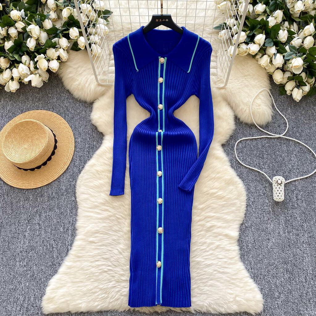 Autumn Winter Women Knitted Dresses 2024 Vintage Patchwork Striped Long Sleeve Bodycon Sexy Chic Long Dress