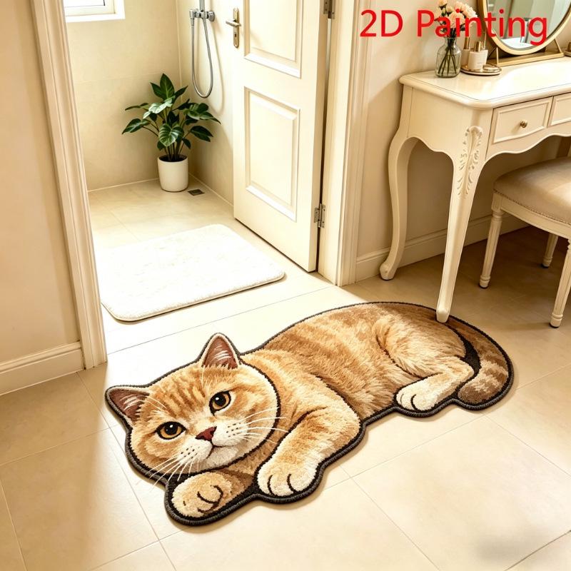 3D Кошка Мультяшная Коврик для пола из искусственного кашемира для использования в помещении - Впитывающий воду, Устойчивый к грязи Коврик для ног для ванной комнаты или прихожей.