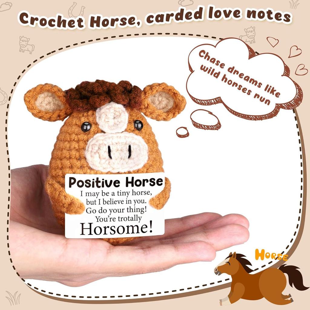 Funny Crochet Emotional Support Horse Doll With Card Desktop Ornament Handmade Knitted Horse Dolls Christmas Gifts Home Decor