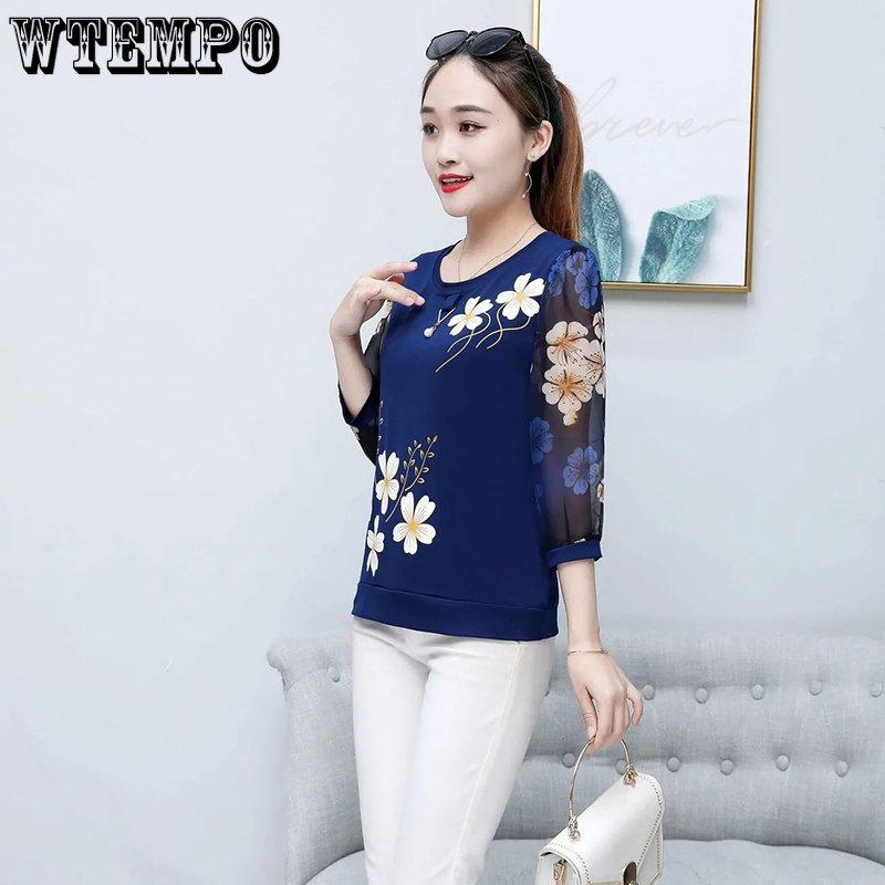 WTEMPO Весенне-летние шифоновые рубашки, женские футболки с рукавами 3/4 с цветочным принтом, женские повседневные свободные топы с тонким дном