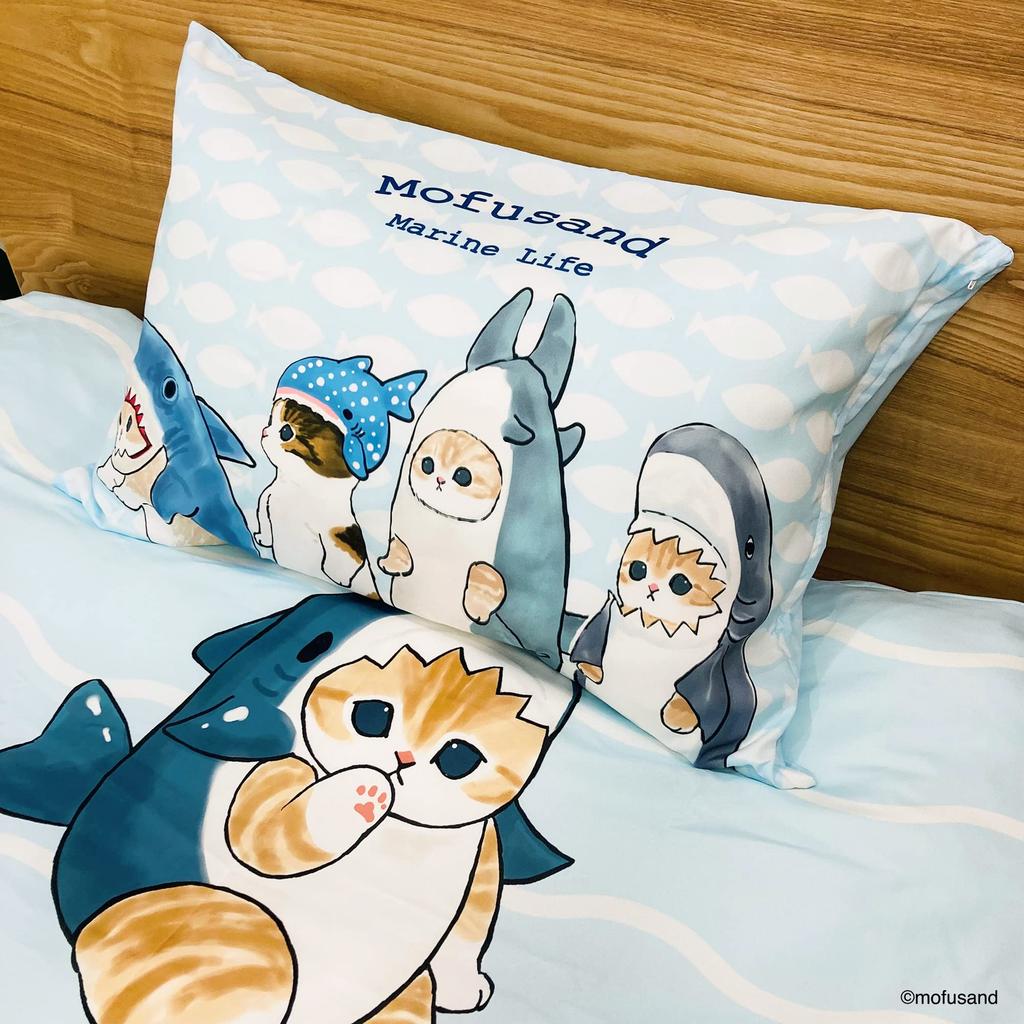 MORIPiLO Mofusand Duvet Cover Set Shark Cat Duvet Cover Soft Peach Skin Single 150x210cm Blue Cute Bedding Cover Set Character Pillow Morishita