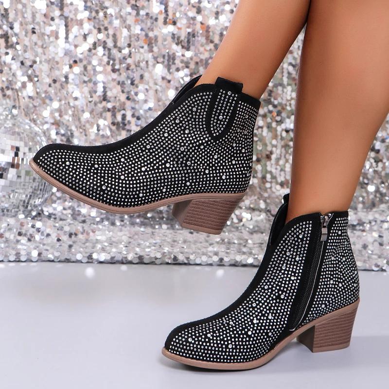 Модные женские ботильоны на высоком каблуке2025 Высокое качество Осенние ботинки на молнии Женские ботинки на толстом каблуке Модные блестящие ботинки Женские ботинки Mujer