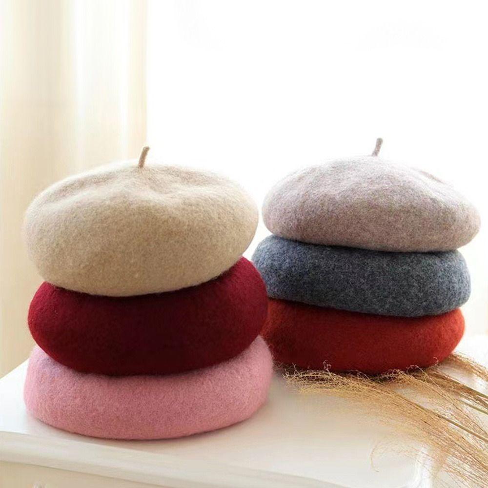 Однотонная ретро-винтажная шапка-берет, шерстяная шапка-берет, фетровые береты, плоская шапка