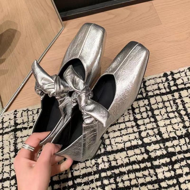 Flat Shoes Women's Spring Square Head Shallow Mouth Butterfly Knot Set Foot Soft Soles Non-slip Single Shoes