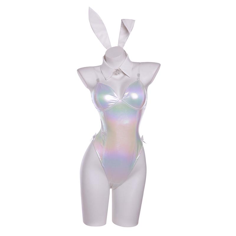 Игра Костюм девушки-кролика Канджел Женский Эластичная кожаная ткань Сексуальный косплей Костюм кролика Белые комбинезоны