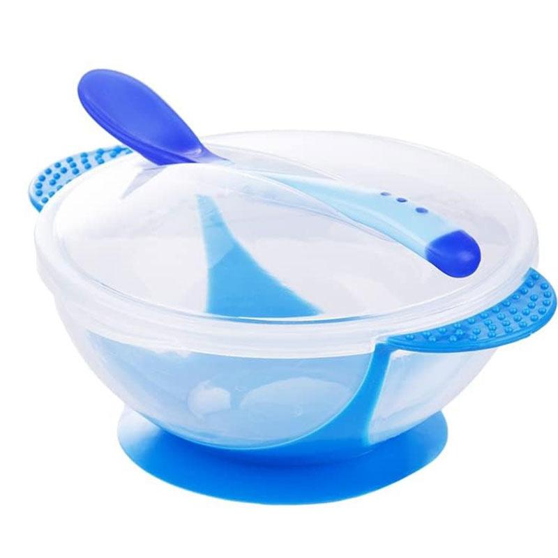 Детские миски с присоской, крышкой с защитой от проливания, ложкой с датчиком температуры, чашей бинаурального дизайна (Пакет из 3)
