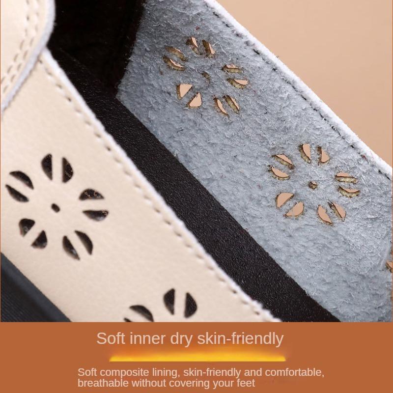 Полые сандалии, женская кожаная обувь, мягкая кожаная обувь с противоскользящей мягкой подошвой для среднего и пожилого возраста