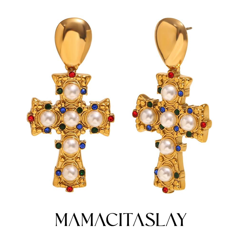 MamacitaSlay Винтажная серьга-подвеска с имитацией жемчуга и крестом для женщин, не тускнеющая, из нержавеющей стали, женские аксессуары