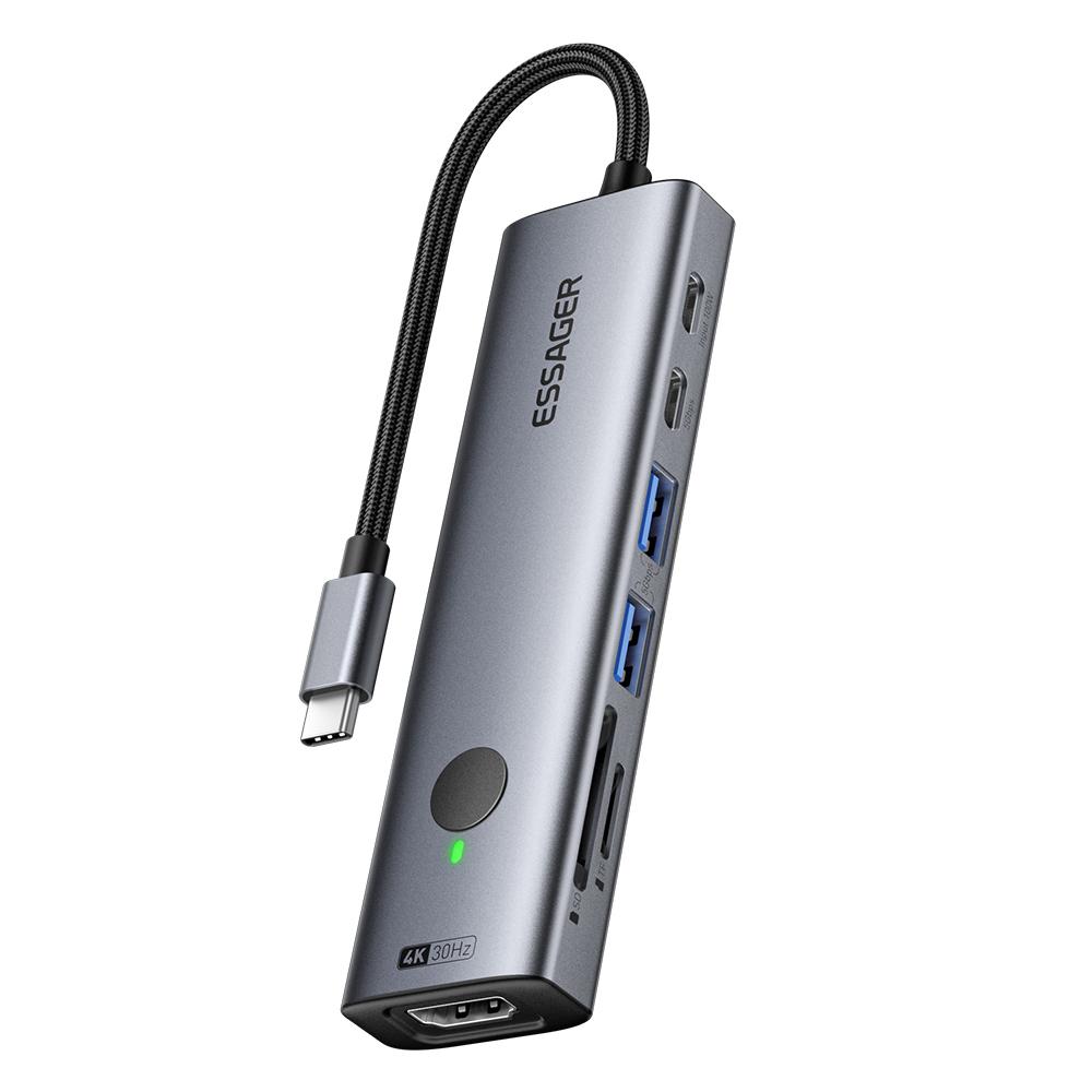 ESSAGER 7 In 1 Expansion Hub with 4K 30Hz HDMI/Type C/USB 3.0/SD TF Card Slot Docking Station