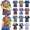 Plus Size Printed Scrub Working Uniform Tops For Women V-Neck Short Sleeve T-Shirts Workwear Tee With Pockets