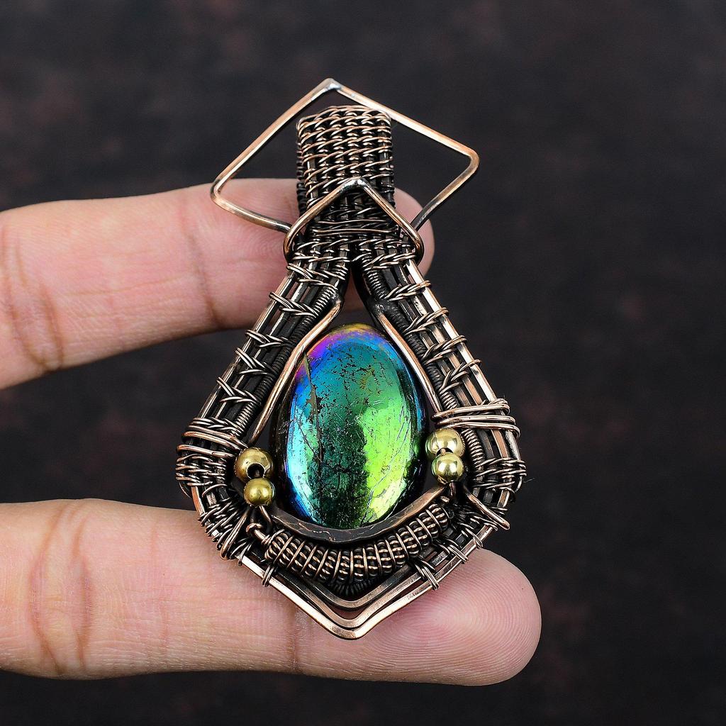 Кулон Mystic Fire Labradorite, подвеска из медной проволоки, подвеска ручной работы, антикварное медное украшение, подвеска из натурального драгоценного камня, подарок на помолвку