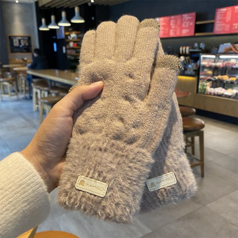 Зимние корейские перчатки из вязаной шерсти в стиле Инс для студенток, для езды, утолщенные, теплые, двухслойные, с сенсорным экраном