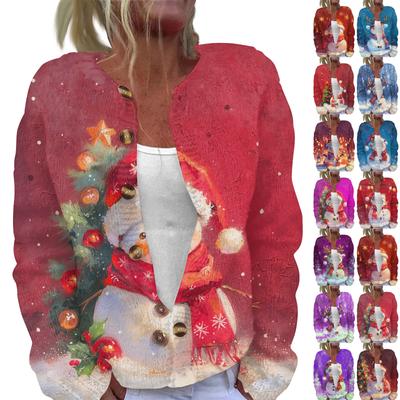 Женская мода рождественский принт длинный рукав вязаный кардиган пуховик