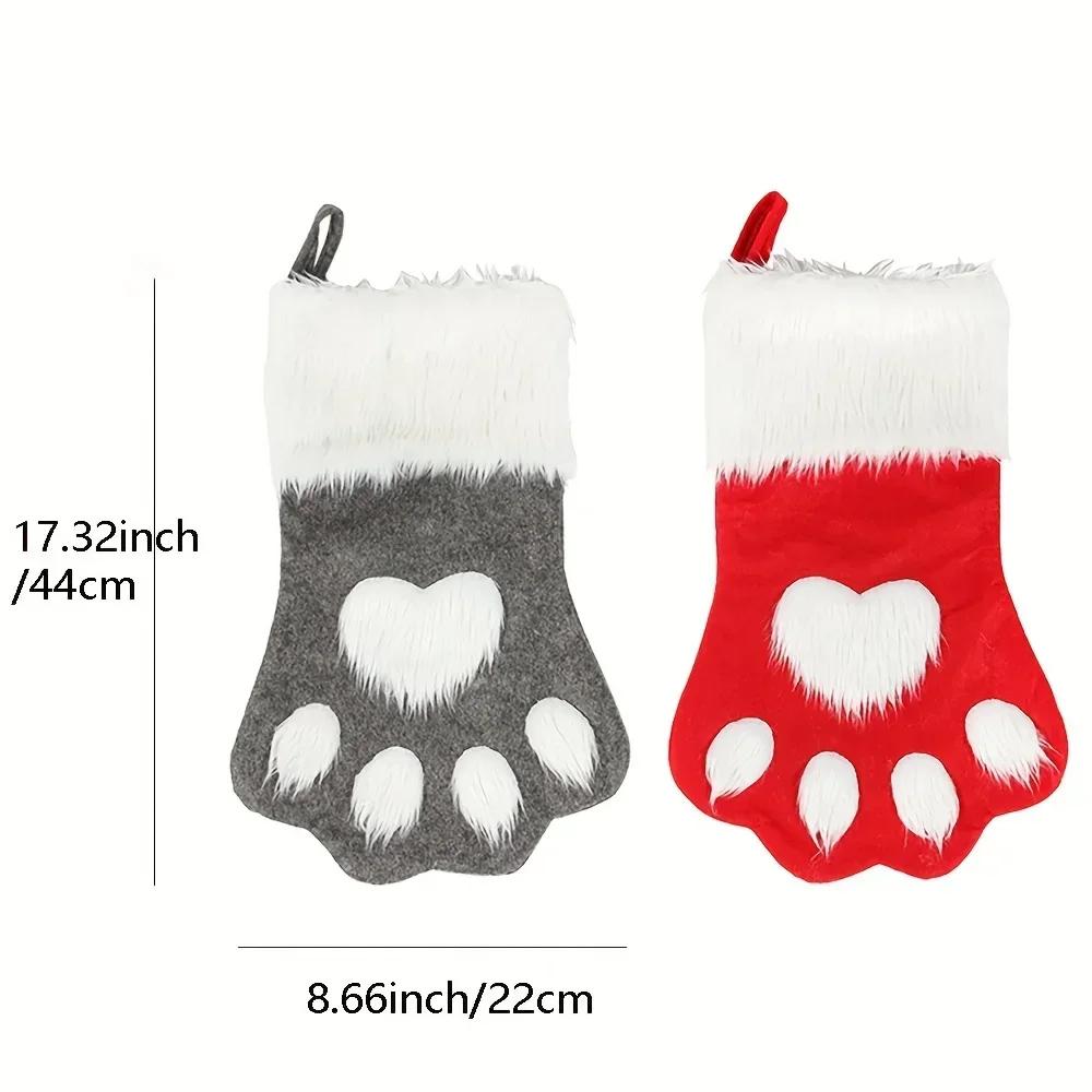 Christmas Stocking Socks Gift Candy Bag Dog Cat Paw Elk Pattern Xmas Tree Hanging Ornament Party Home Fireplace Decoration