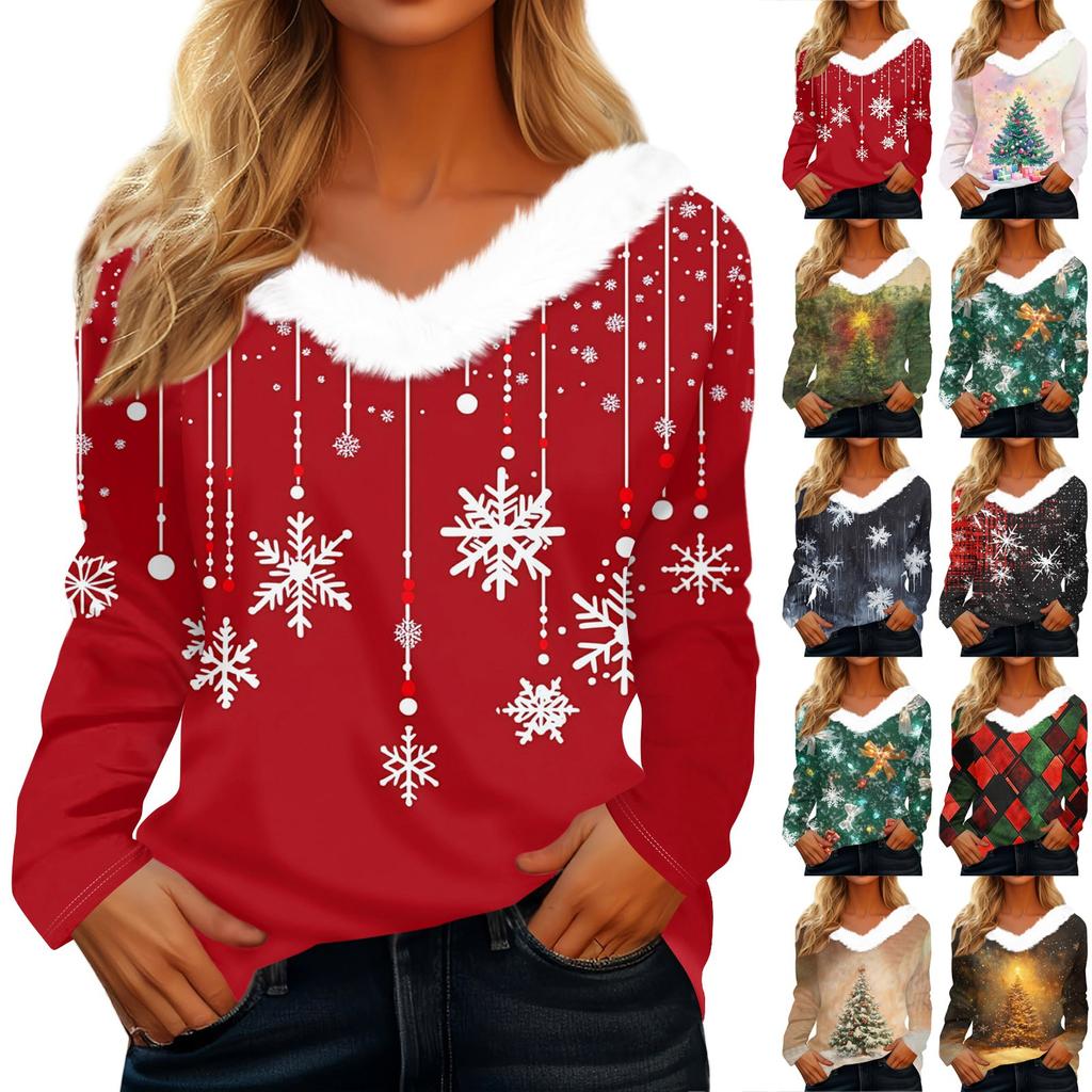 Long Sleeve Shirts For Women Cute Tops Christmas Prints Tees Blouses Casual Plus Size Basic Tops Pullover