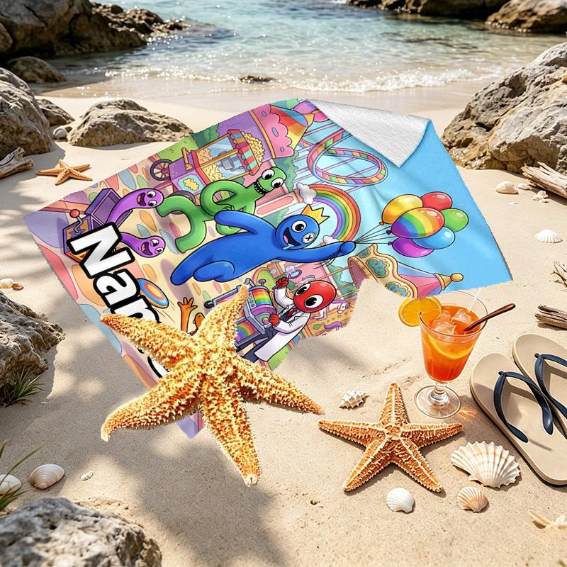 Custom Name Personalized Game Rainbow Friends Print Beach Towel, for Trip Camping Beach Party Home Decor, Birthday Gift for Family & Friends