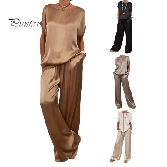 Комплект из 2 предметов: женский топ и брюки, атласная блузка с круглым вырезом и короткими рукавами, широкие брюки с эластичной резинкой на талии и карманами, повседневный свободный наряд для отдыха