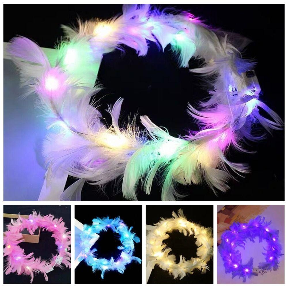 Christmas White Feather Luminous Garland New Year Women Hairband LED Feather Headband  Party