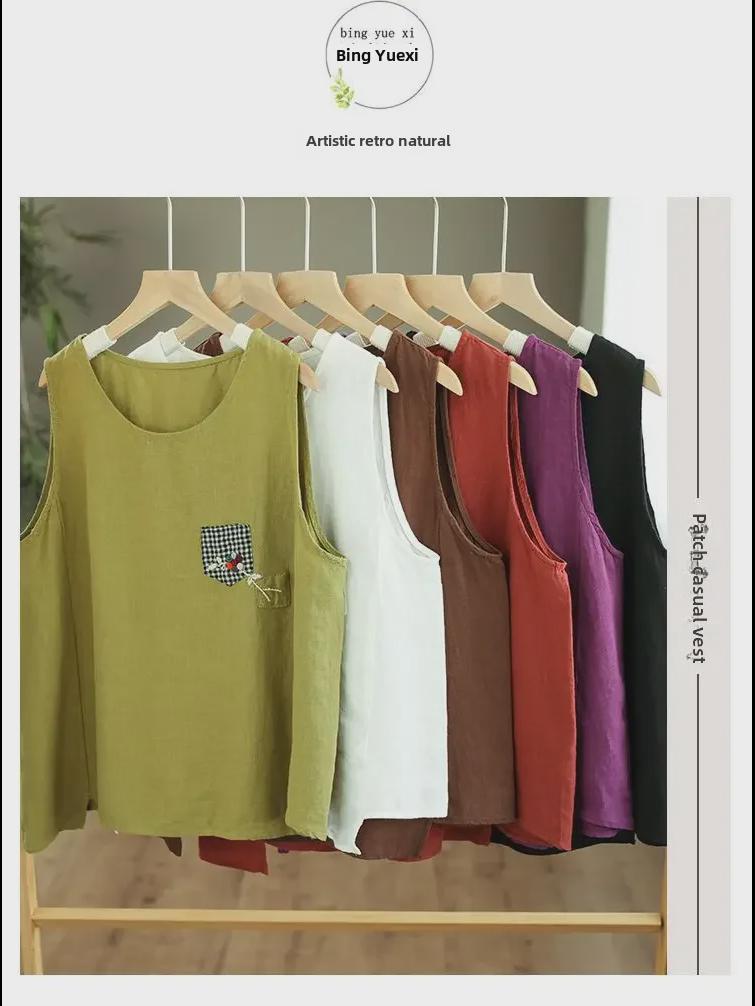 Женская свободная майка из хлопка и льна: Универсальный ретро-топ без рукавов для лета