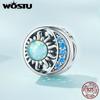 925 Sterling Silver Sun & Moon Opal Bead Blue Zircon Moon Charms for Women Bracelet and Bangle DIY Fine Jewelry