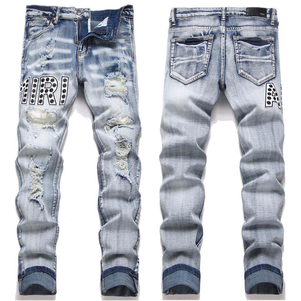 Новые стоковые уличные трендовые джинсы для мужской молодежи, вышитые, в мужском стиле, с рваными дырами, облегающие, эластичные, уличные брюки с зауженными штанинами