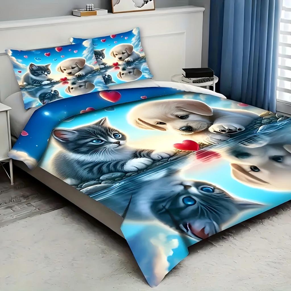 Cute Cat Dog Pattern 3D Printed Bedding Set Cute Animal Romantic Couple Theme Duvet Cover Soft Comfortable Luxury Quilt Cover