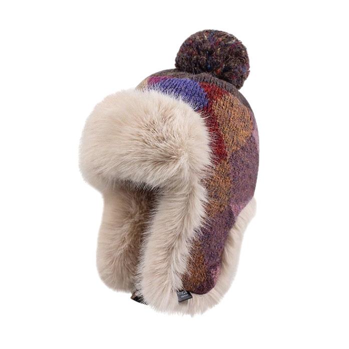 Western Sichuan ethnic style photo knitted thickened ear protector hat winter color rhombus cold-proof Lei Feng hat hairball plush hat