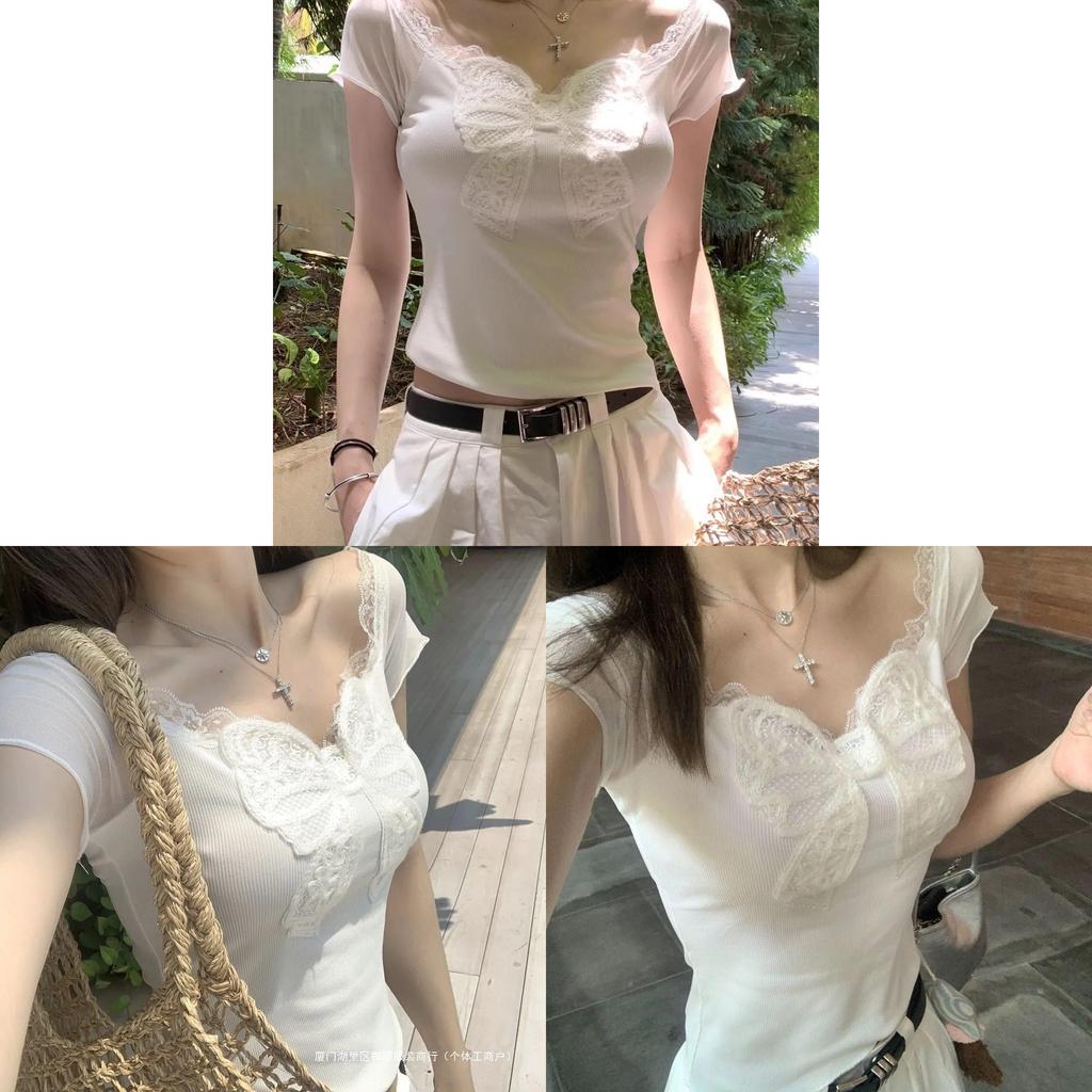 T Shirt With Lace Butterfly Bow Summer Womens White Oversize Designer Cotton