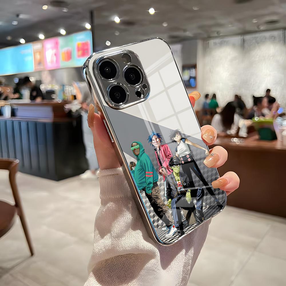 Чехол для телефона с изображением группы Gorillaz в стиле аниме для iPhone 17 Pro Max 15 Pro 16 14 Plus 12 13 Mini 11 Pro, противоударный, гальванизированный стеклянный чехол