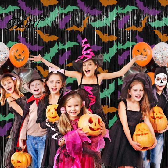 Holiday Party Backdrop Foil Fringe Curtain for Halloween, Orange Purple Black Background Spooky Decor Photo Booth Props, Pumpkin Ghost Bat Halloween