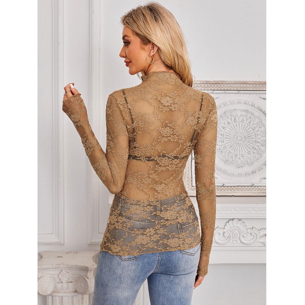 Женские сетчатые прозрачные кружевные топы с круглым вырезом и длинными рукавами, женские облегающие топы с цветочной вышивкой, женские нарядные футболки
