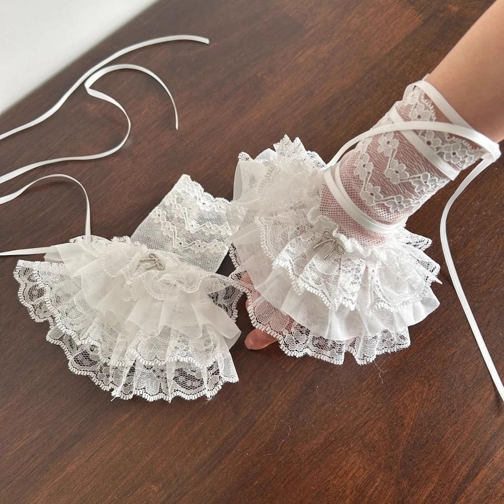 Flare Style Lace Wrist Cuffs Silk Ribbon Flare Cuffs Vintage Ruffles Gloves Girl