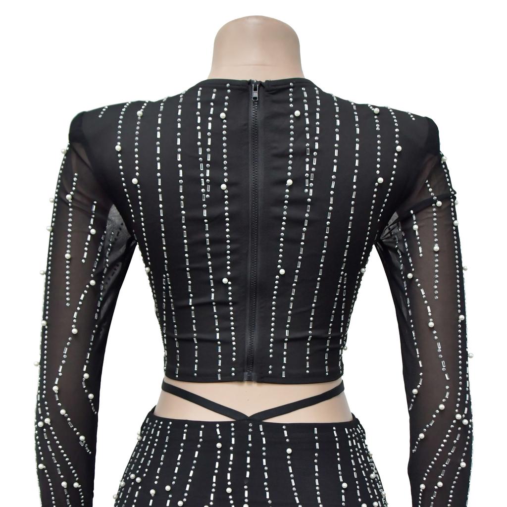 Evening Dress Fashion Women's Evening Gown Solid Colour Mesh Hot Drilling Long Sleeve Long Dress Set