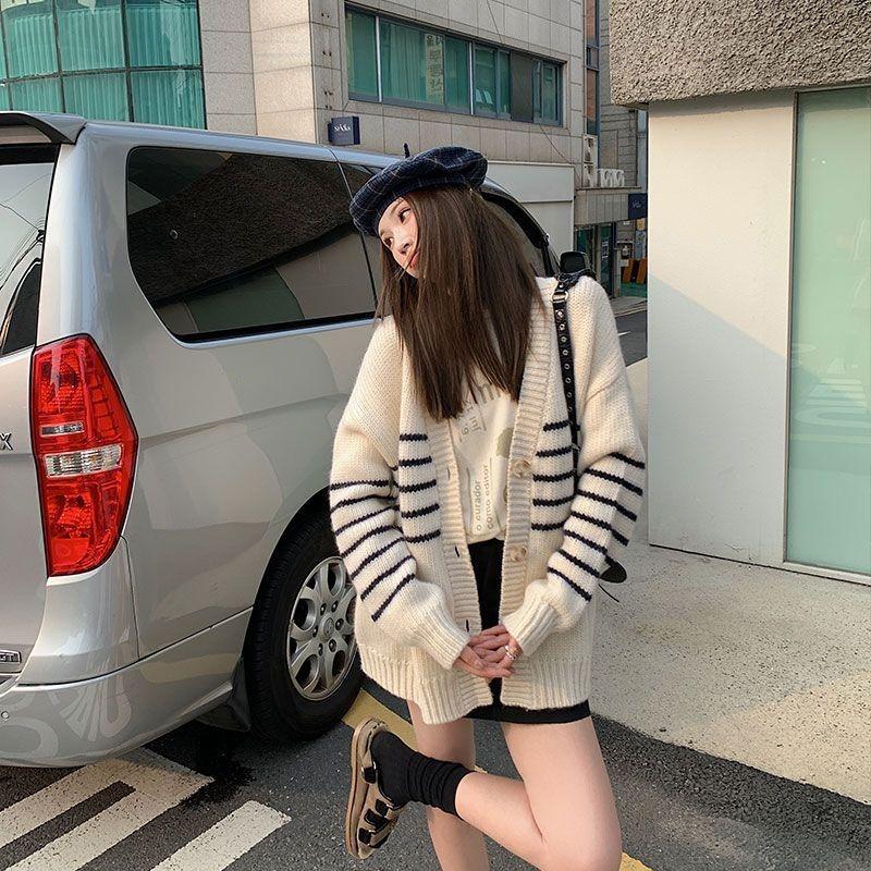 Вязаный кардиган в полоску, свободный свитер с длинными рукавами, универсальный женский топ, осень 2023, повседневный свитер с v-образным вырезом, кардиган, женские топы