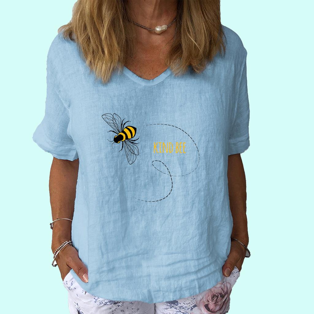 Women Fashion Short Sleeve Top Summer Casual V Collar  Shirt Ladies Print Cotton Linen T-shirt